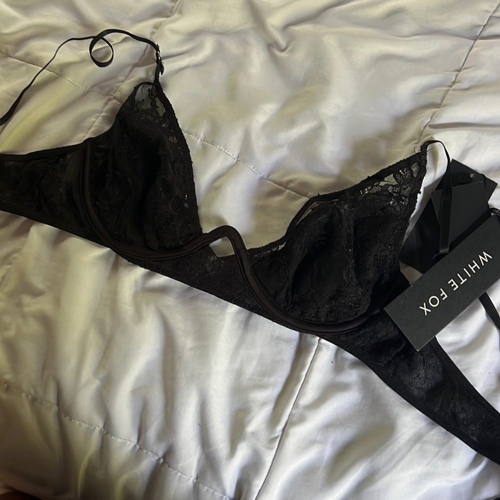 Black underwire white fox bralette. NEW NEVER USED WITH TAGS